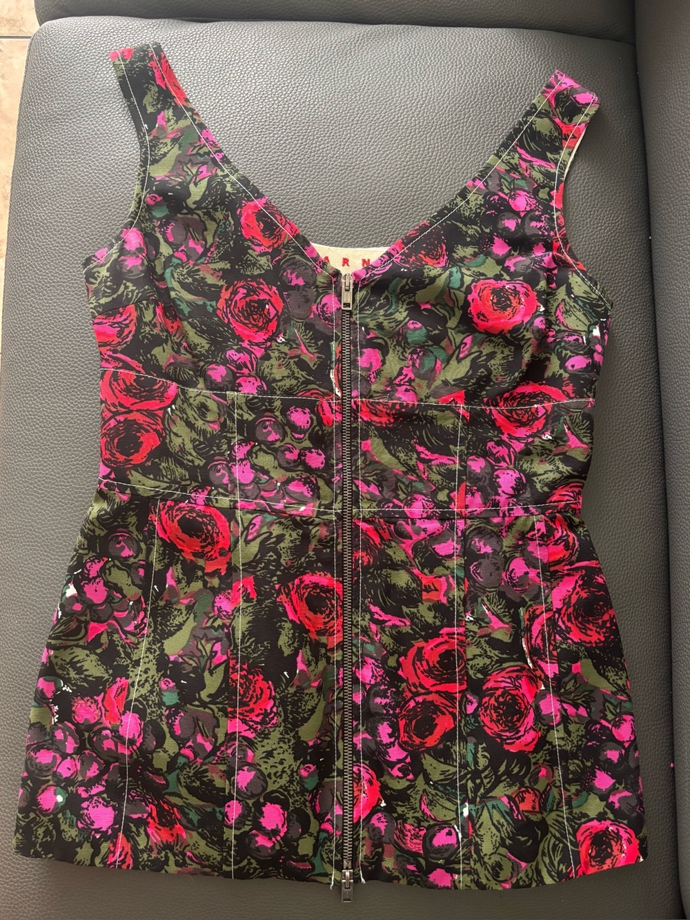 Marni Floral Zip Dress Top in Black, Olive & Hot Pink